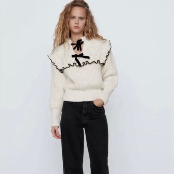 Zara Cozy Ruffle and Bows Sweater in Cream - Picture 2 of 11